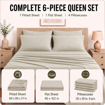 CozyLux Queen Sheet Set 6-Piece, 21-Inch Deep Pocket, Soft Brushed Feel