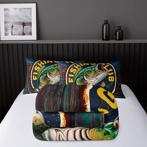 Nttopship Big Pike Fish Bedding, Bass Fishing Comforter Set Hunting and Fishing Themed Comforter Set for Kids Boys Room Decor, King Bed in a Bag for Teens with 2 Pillowcases