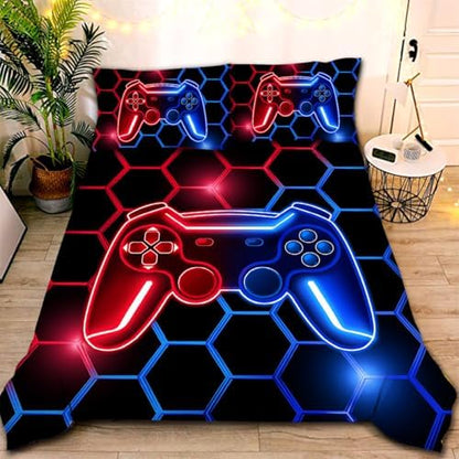 NTBED Game Console Comforter Set for Boys Girls Kids Geometric Lightweight Microfiber Bedding Sets (Red Blue, Full 5Pcs)