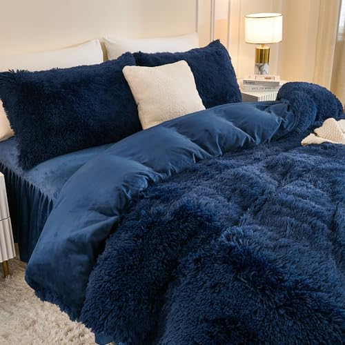 Andency Navy Blue Comforter Full Size Set, Fluffy Faux Fur Warm Bedding Set