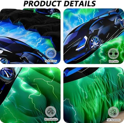3 Pcs Boys Twin Car Bedding Sets for Teens, Green Blue Lightnings Car Twin Comforter Set for Boys