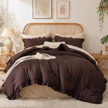 JANZAA Brown Comforter Set Twin, Ruffle Soft Bedding