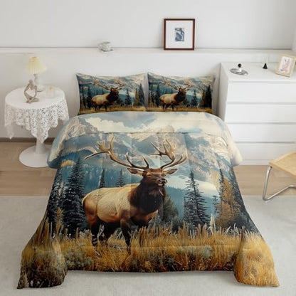 Feelyou Deer Comforter Set Queen Size, Deer Antler Bedding Sets, Rural Hunting Theme Down Comforter, Rustic Woodland Duvet Insert, Wild Animals Quilt for Bedroom Decor All Season,Soft Lightweight