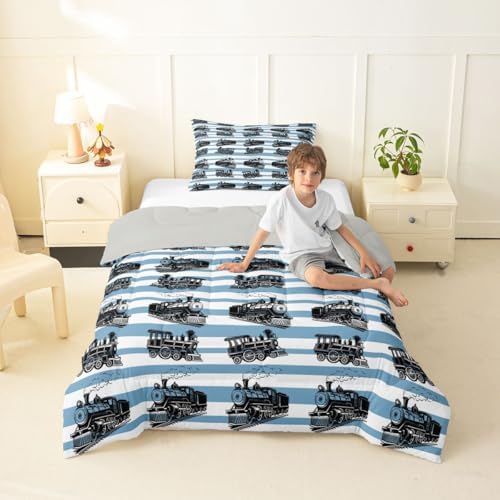 Feelyou Retro Train Comforter Set Twin Size Vintage Steam Locomotive Down Bedding Set for Kids Boys Girls Blue White Geometric Stripes Duvet Quilt Bedroom Decor Microfiber 2 Pcs with 1 Pillow Case