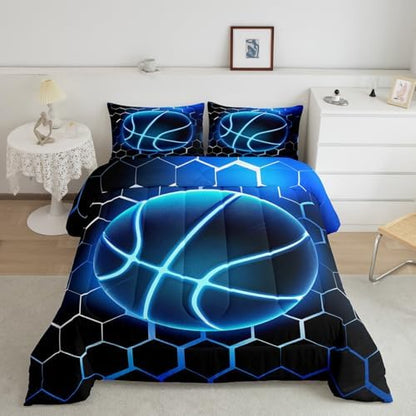 Manfei Basketball Comforter Set King Size, Blue Honeycomb Bedding Set 3pcs for Kids Boys Teen Bedroom Decor, Sports Gaming Theme Quilt Set Geometric Neon Lines Duvet Set with 2 Pillowcases