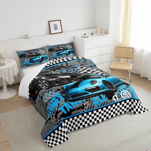 Castle Fairy Boys Race Car Twin Size Comforter Set,Kids Blue Sports Car Decor All Season Bedding Set,Teens Extreme Sports Comforter,Children Decor Quilt Set Bedroom Collection 2Pcs