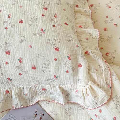 VM VOUGEMARKET Red Flower Duvet Cover Set Twin,Soft Muslin Cotton Cute Rabbit Comforter/Quilt Cover with Romantic Ruffles for Kids Toddler,Comfy, Breathable & Lightweight