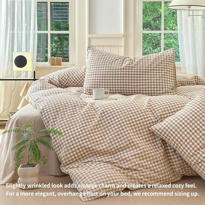 LifeTB Tan Gingham Comforter Set King Modern Style Beige Plaid Comforter Set 3 Pieces Soft Fluffy Grid Checkered Pattern Comforter with 2 Pillowcases Farmhouse Gingham Plaid Bedding Set King