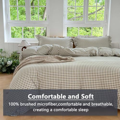 NSNLGSGC Tan Gingham Ruffle Queen Duvet Cover