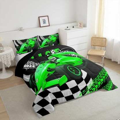 Erosebridal Go Kart Race Car Bedding Twin Comforter Set Race Car Bed for Boys Drift Kart Toddler Bedding Sets,Black White Buffalo Checked Comforter Set Square Grid Plaid Lattice Karting Quilt,Green