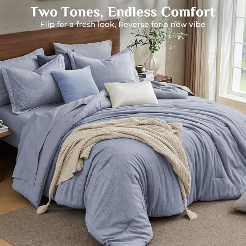 JOLLYVOGUE Navy Blue Full Comforter Set, Cationic Dyeing Bed in a Bag Full 7 Pieces, Double-Tone Bedding Set with Down Alternative Comforter, Sheets, Pillowcases & Shams
