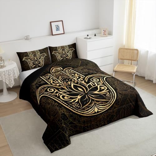 Erosebridal Gold Hamsa Hand Comforter Set Queen Size, Boho Chic Mandala Bedding Set for Kids Teens Adult Women, Bohemian Hippie Quilt Set Paisley Tribal Tie Dye Duvet Insert for Bedroom