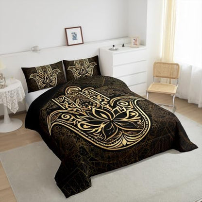 Erosebridal Gold Hamsa Hand Comforter Set Queen Size, Boho Chic Mandala Bedding Set for Kids Teens Adult Women, Bohemian Hippie Quilt Set Paisley Tribal Tie Dye Duvet Insert for Bedroom