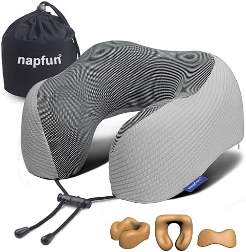 napfun Neck Pillow for Travel, Memory Foam Airplane Pillow, Mist Gray