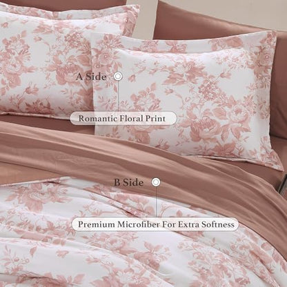BLOOMHAVEN Twin XL Comforter Set-5 Pieces Rose Floral Bed in a Bag
