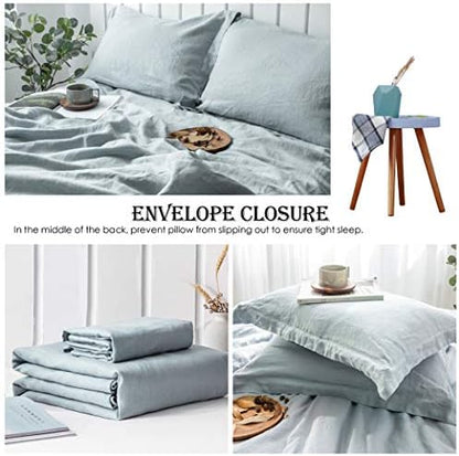 Simple&Opulence 100% Linen Duvet Cover Set 3pcs Basic Style Natural French Washed Flax Solid Color Soft Breathable Farmhouse Bedding with Button Closure - Dusty Blue, Full