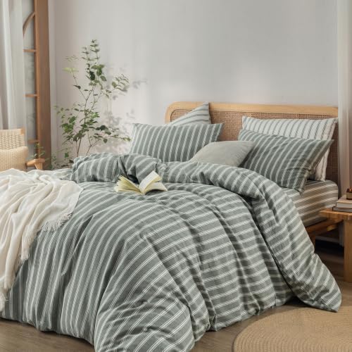 BESTOUCH Striped Cotton Duvet Cover Set Linen Feel Full
