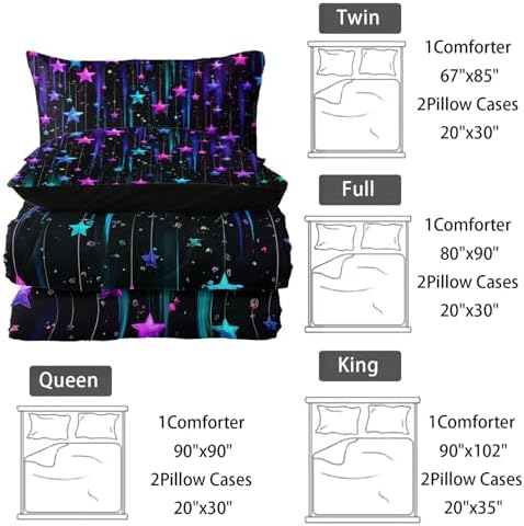 Nttopship Colorful Stars Comforter Set Queen Size,Galaxy Starry Printed Bedding Set for Men Women Adults,Colorful Stars Room Decor with Soft and Lightweight Comforter and 2 Pillowcases