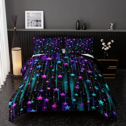 Nttopship Colorful Stars Comforter Set Full Size,Galaxy Starry Printed Bedding Set for Men Women Adults,Colorful Stars Room Decor with Soft and Lightweight Comforter and 2 Pillowcases