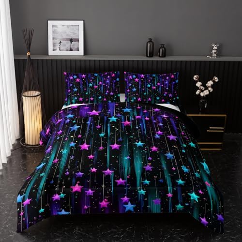 Nttopship Colorful Stars Comforter Set Queen Size,Galaxy Starry Printed Bedding Set for Men Women Adults,Colorful Stars Room Decor with Soft and Lightweight Comforter and 2 Pillowcases