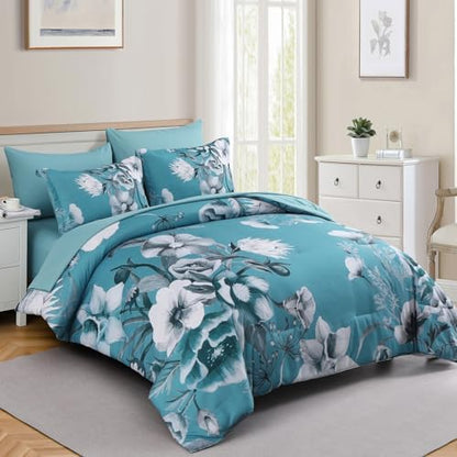 Luxudecor Floral Comforter Set Queen Size 7 Piece, Teal Blue Flower Bed in a Bag, Elegant Comforter Bedding Set for All Season (Teal Blue, 90"x90")
