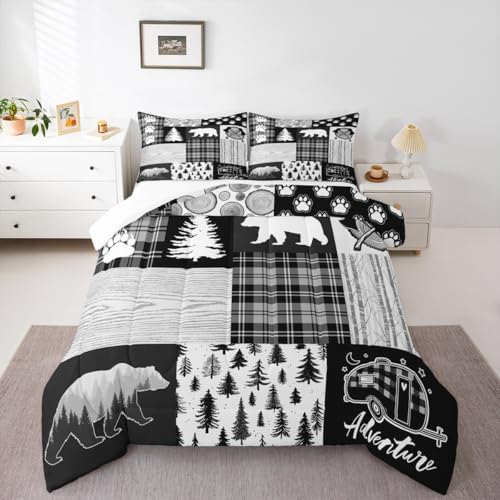 Bear Plaids Comforter Set Full Size,Pine Trees Animals Hunting Bedding Set for Kids Boys Girls Adults Room Decor,Adventure Rustic Farmhouse Down Comforter,Black Retro Duvet Insert,2 Pillowcases