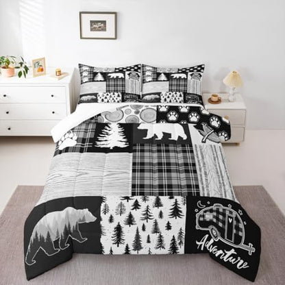 Bear Plaids Comforter Set Full Size,Pine Trees Animals Hunting Bedding Set for Kids Boys Girls Adults Room Decor,Adventure Rustic Farmhouse Down Comforter,Black Retro Duvet Insert,2 Pillowcases