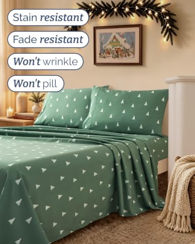 Christmas Sheet Set, Sage Pine Trees, Holiday Xmas Bedding Set - Full Size