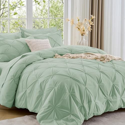 Sasttie Full Size Comforter Set, 7-Piece Bed in a Bag, Pintuck Bedding Set for All Season, Includes Comforter, Flat Sheet, Fitted Sheet, Pillowcases and Pillowshams, Light Sage Green