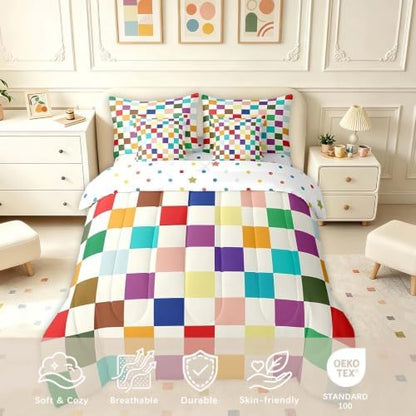 Feelyou Colorful Checkered Retro 7 Piece Bedding Set Kids Boys Girls Modern Geometric Cute Comforter Set with Sheets King Size Beige Colorful Bed in a Bag Vintage Simple Groovy Aesthetic Room Decor