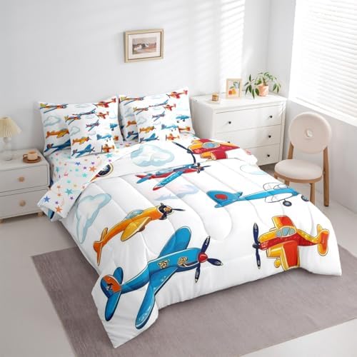 Erosebridal Colorful Aircraft Comforter Set with Sheets King Size, Cartoon Propeller Plane Airplane 7 Pcs Bedding Set, Aviation Theme Bed in A Bag for Boys Kids Girls Adults, White Cloud Bed Sets