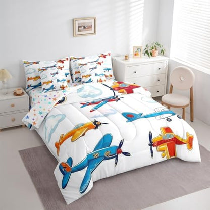 Erosebridal Colorful Aircraft Comforter Set with Sheets King Size, Cartoon Propeller Plane Airplane 7 Pcs Bedding Set, Aviation Theme Bed in A Bag for Boys Kids Girls Adults, White Cloud Bed Sets