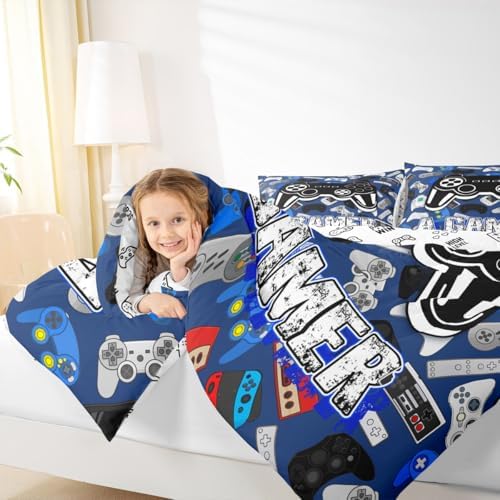 Homewish Cartoon Gamepad Bedding Set King Size,Video Games Comforter Set 3Pcs for Kids Teens Boys Girls Room Decor,Navy Blue Gaming Board Quilted Duvet Modern Fashion Down Comforter,2 Pillowcases