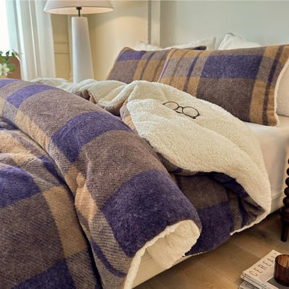 Cyusri Plaid Sherpa Comforter Set 3Pcs Fluffy Warm Fleece Down Alternative, Khaki Blue Grid Pattern Bedding Set with 2 Pillowcases, Queen Size 90"x90"