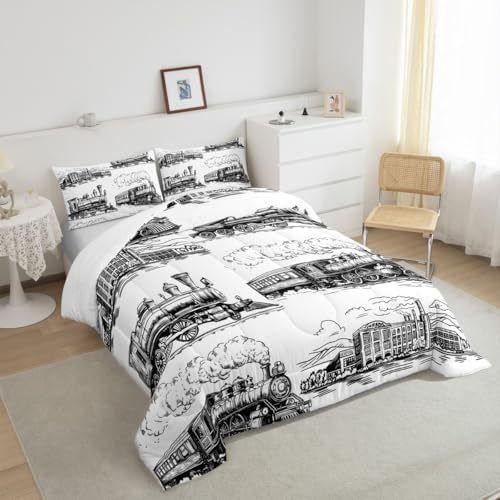 Manfei Train Comforter Set - Twin Size Retro Steam Locomotive Down Comforter with 1 Pillowcase - Vintage Train Bedding Set 2pcs for Kids Boys Adults Bedroom Decor - Lightweight Duvet Insert