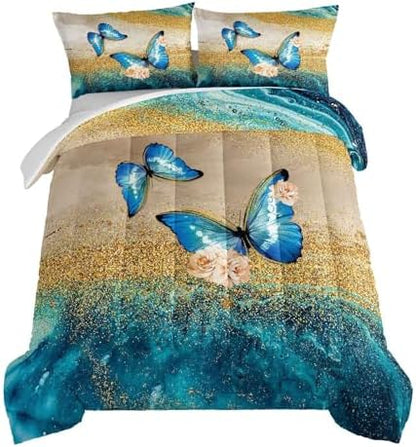 HOSIMA Butterfly Comforter Set with 2 Pillow Sham, Blue Butterfly Floral Comforter Full Size for Kids & Women's Bedroom Decor, Golden Vintage Pattern Bedding Set