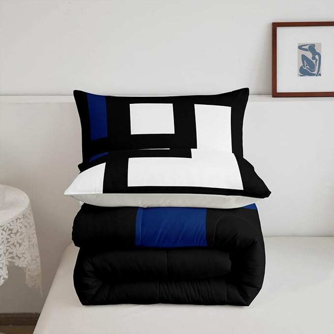 Erosebridal Blue Black and White Striped Twin Bedding Sets for Adult Women Men Square Abstract Comforter Set Modern Geometric Stripes Bold Lines Quilt Set Minimalist Plaids Bed Collections