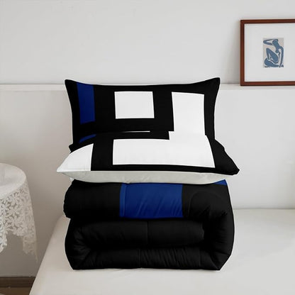 Erosebridal Blue Black and White Striped Twin Bedding Sets for Adult Women Men Square Abstract Comforter Set Modern Geometric Stripes Bold Lines Quilt Set Minimalist Plaids Bed Collections