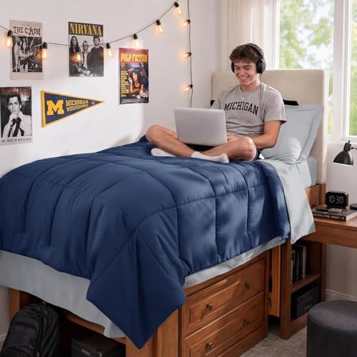 JOLLYVOGUE Twin Comforter Set, Ultra-Soft Bed in a Bag Twin Size 5 Pieces, Oeko-TEX Certified Bedding Set with Down Alternative Comforter, Sheets, Pillowcases & Shams, Navy Blue & Light Grey