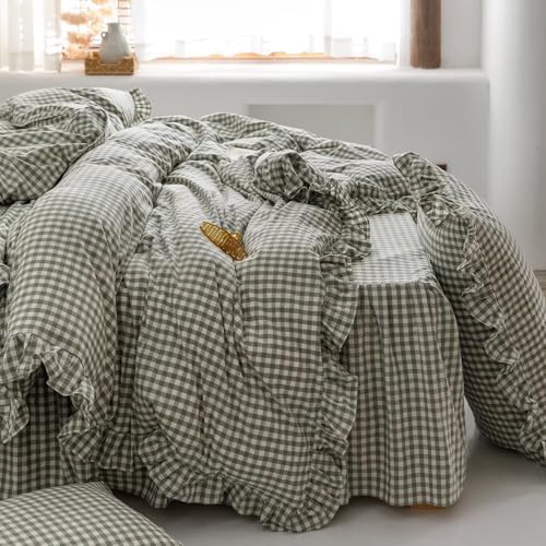 mixinni Green Gingham Ruffle Duvet Cover Queen Size 3 Pieces – 100% Washed Cotton, Vintage Plaid Ruffled Bedding Set with Zipper Ties, Soft Checkered Grid Farmhouse Chic Comforter Cover Set