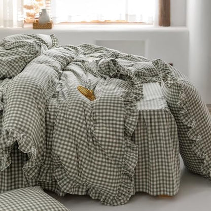 mixinni Green Gingham Ruffle Duvet Cover Full Size 3 Pieces – 100% Washed Cotton, Vintage Plaid Ruffled Bedding Set with Zipper Ties, Soft Checkered Grid Farmhouse Chic Comforter Cover Set