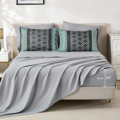 Boho Comforter Set Queen Size,Green and Grey Striped Bed in a Bag