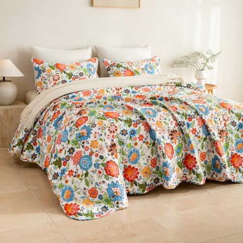 Lady Ann Oversized King Quilt 120x120 - Vibrant Multicolor Folk Flowers Print Quilted Bedspread Set, Soft Lightweight Bohemian Farmhouse Coverlet with Scalloped Edge, 3 PCS Cotton Bedding Set