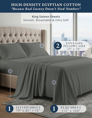 LANE LINEN King Sheet Set 100% Egyptian Cotton Sateen - Dark Grey Swiss Dot