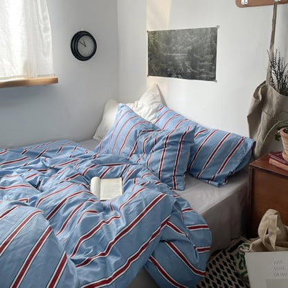 mixinni Vintage Striped Blue Duvet Cover King - 100% Cotton Red Stripes 3-Piece Bedding Duvet Cover Set with Zipper Closure, Soft & Breathable Retro Design for All Seasons (King Size)