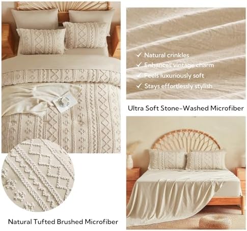 MR&HM Twin XL Comforter Set 5 Pieces Beige, Boho Tufted Bed Set for Dorm