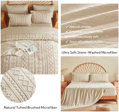 MR&HM Twin XL Comforter Set 5 Pieces Beige, Boho Tufted Bed Set for Dorm