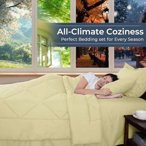 HEVUMYI 7-Piece Queen Comforter Set, Cream Yellow Bed in a Bag