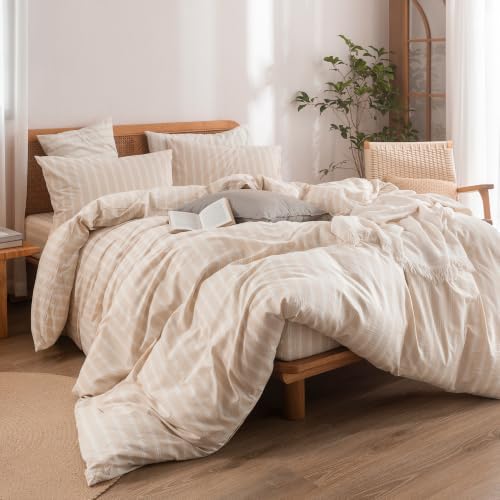 BESTOUCH Striped Cotton Duvet Cover Set Linen Feel Oversized Full