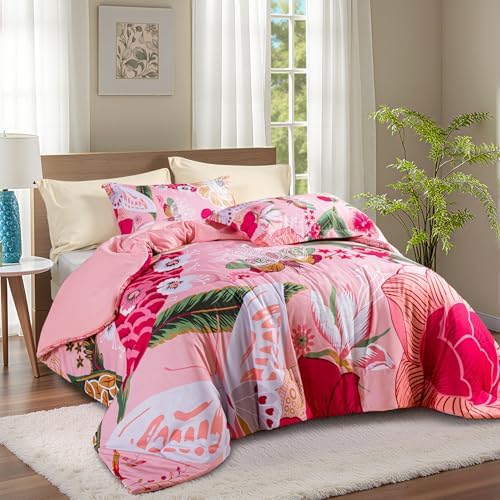 Tyrot Pink Boho Floral King Comforter Set - 3 Piece Coquette Cute Botanical Bedding Comforter Sets for Women Girls, Soft Lightweight Mid Century Bed Set, (1 Reversible Comforter and 2 Pillow Shams
